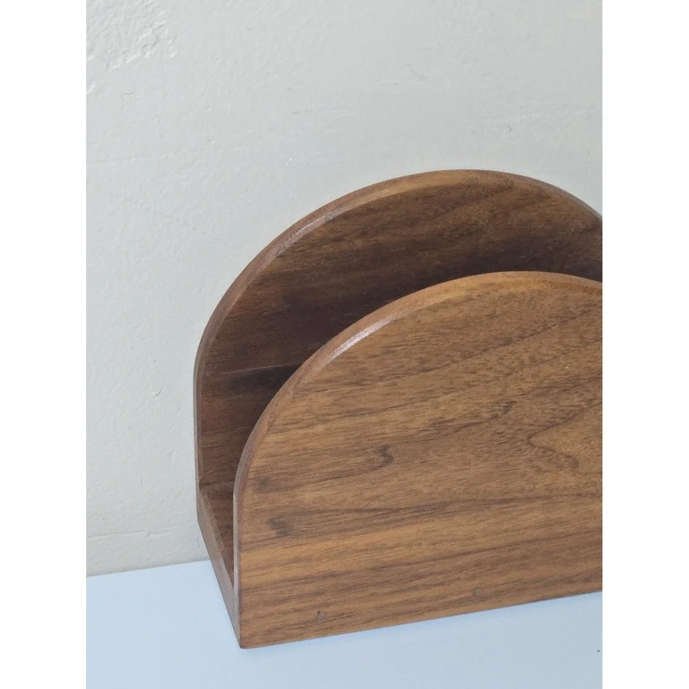VTG Mid Century Wooden Napkin Holder Arch Teak Acacia Wood Letter Organizer MCM